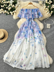 Summer French Floral Chiffon Dress Women Off Shoulder Slim High Quality Sheer Elastic Spring Vacation Print Ruffles Long Dresses