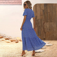 Spring Summer Tierred Dress Women Midi Dresses Female Short Sleeve Elastic Waist Printed Floral Pleated Backless Casual Dress
