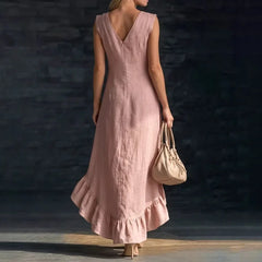 Summer Hot Casual Sleeveless Ruffle Bohemian Dress Women Sexy V Neck Solid Irregular Long Dress Spring Elegant Loose Party Dress