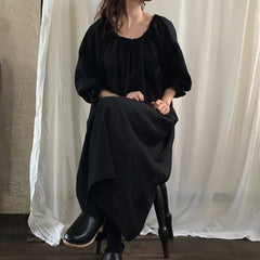 2025 New Spring Cotton Linen Dress for Women Solid Long Sleeve Drawstring Office Lady Elegant Maxi Dress