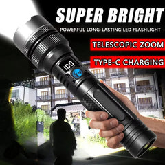 Powerful LED Flashlight – Adjustable Zoom, Digital Battery Display, USB-C Rechargeable