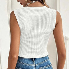 Summer Street Style Simple Casual Sleeveless Solid Color Women's Vest Versatile V-neck Slim Fit Elegant Button Up Short Top