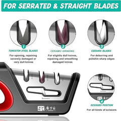 Four in one kitchen sharpener restores serrated blade knives and scissors, diamond tungsten steel