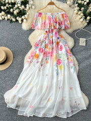 Summer French Floral Chiffon Dress Women Off Shoulder Slim High Quality Sheer Elastic Spring Vacation Print Ruffles Long Dresses