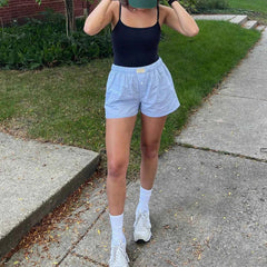 Women’s Y2K Retro Cleanfit Plaid Print Elastic Low Waist Button Front Aesthetic Loungewear Loose Shorts Boxers Streetwear