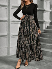 Spring and summer color combination high-waisted flower print dress woman elegant