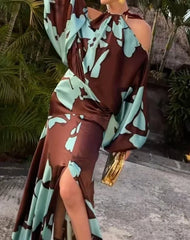 Evening Dresses  Vacation Style Elegant Socialite Printed Off Shoulder Slit Dress