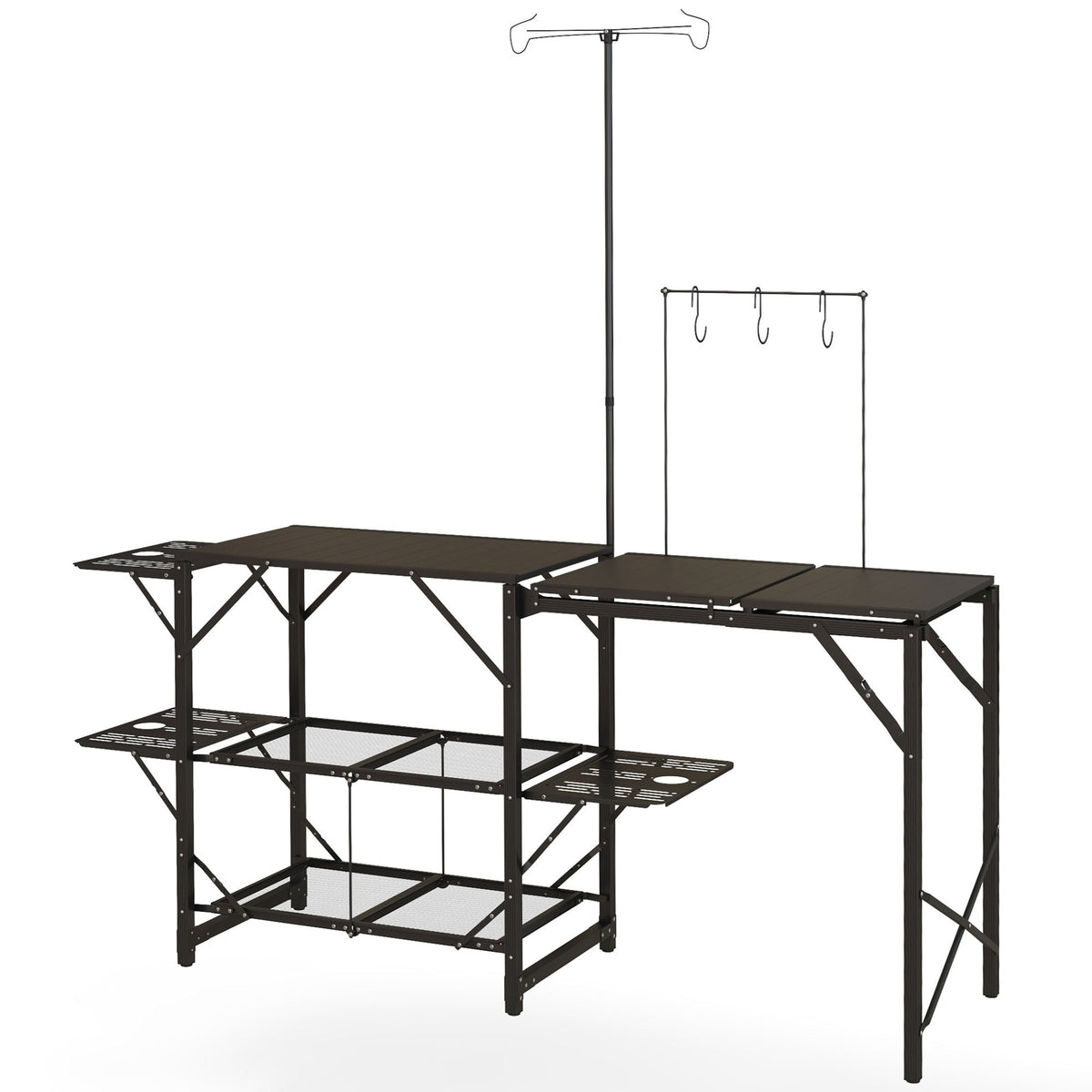 Folding Camp Kitchen Cooking Station with Lamp Stand, Shelves & Utensil Hooks