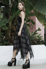 Black Metal Eyelets Shoulder Strap Irregular Hem Plaid Long Chiffon Women's Punk Slip Dress