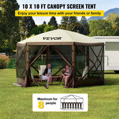 8-Person 6-Sided Pop-Up Gazebo Screen Tent – Waterproof Canopy with Mesh Windows & Carry Bag | 10×10 ft