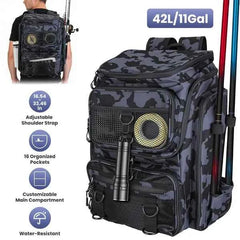42L Fishing Tackle Backpack with Rod Holders – 16 Pockets, Divider, Water-Resistant, Camo