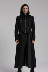 Black Metal Ring Zipper Long Sleeves Men's Punk Long Jacket