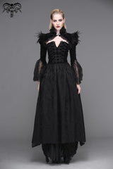 Black High Collar Long Trumpet Sleeves Printed Lace Pleated Women's Vintage Punk Jacket