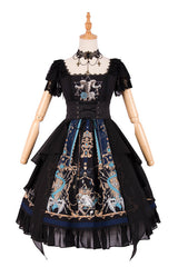 Black Lace Short Sleeve God Redemption Print Gothic Lolita Dress