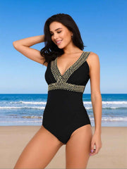 Women's Gold Stud Embellished Deep V-Neck One-Piece Swimsuit