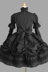 Black Cotton Stand Collar Long Sleeves Knee Length Bowknot Ruffled Multi-Layer Gothic Lolita Dress