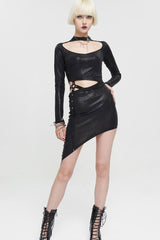 Black Knitted Fine Grain Shine Waist Cutout Rivet Decoration Asymmetric Long Sleeve Women's Gothic Dress