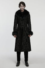Black Fuax Fur Collar Long Sleeves Jacquard Zipper Men's Gothic Coat