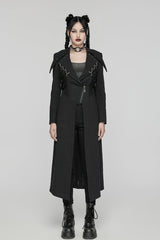 Black Lapel Collar Metal Chains Long Sleeves Women's Punk Long Coat