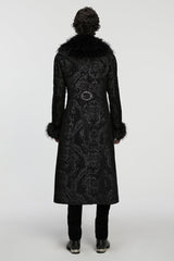 Black Fuax Fur Collar Long Sleeves Jacquard Zipper Men's Gothic Coat