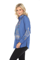 Johnny Was Workshop Blue Stripe Scara Oversized Yoke Shirt Boho Chic W16923-E