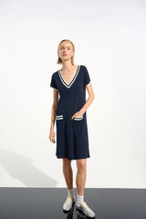 Joseph Ribkoff Indigo/Vanilla Striped Rib Trim A-Line Dress 261648