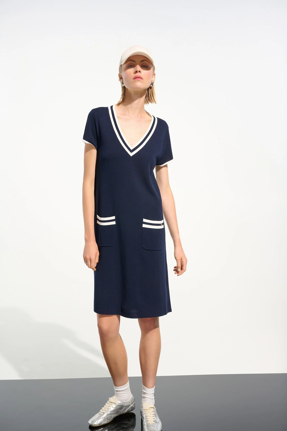 Joseph Ribkoff Indigo/Vanilla Striped Rib Trim A-Line Dress 261648