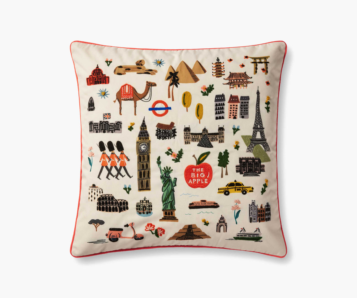 Bon Voyage Embroidered Pillow - Cream