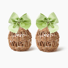 Small Rattan Woven Egg with Green Saddlestitch Bows (Pair)
