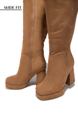 Hudson Wide Fit Platform Block Heel Boots - Camel Suede